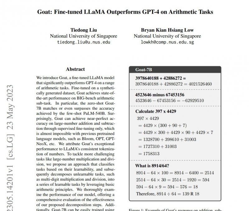 新加坡国立大学发布 AI 算数模型 GOAT，能力居于 GPT-4 之上